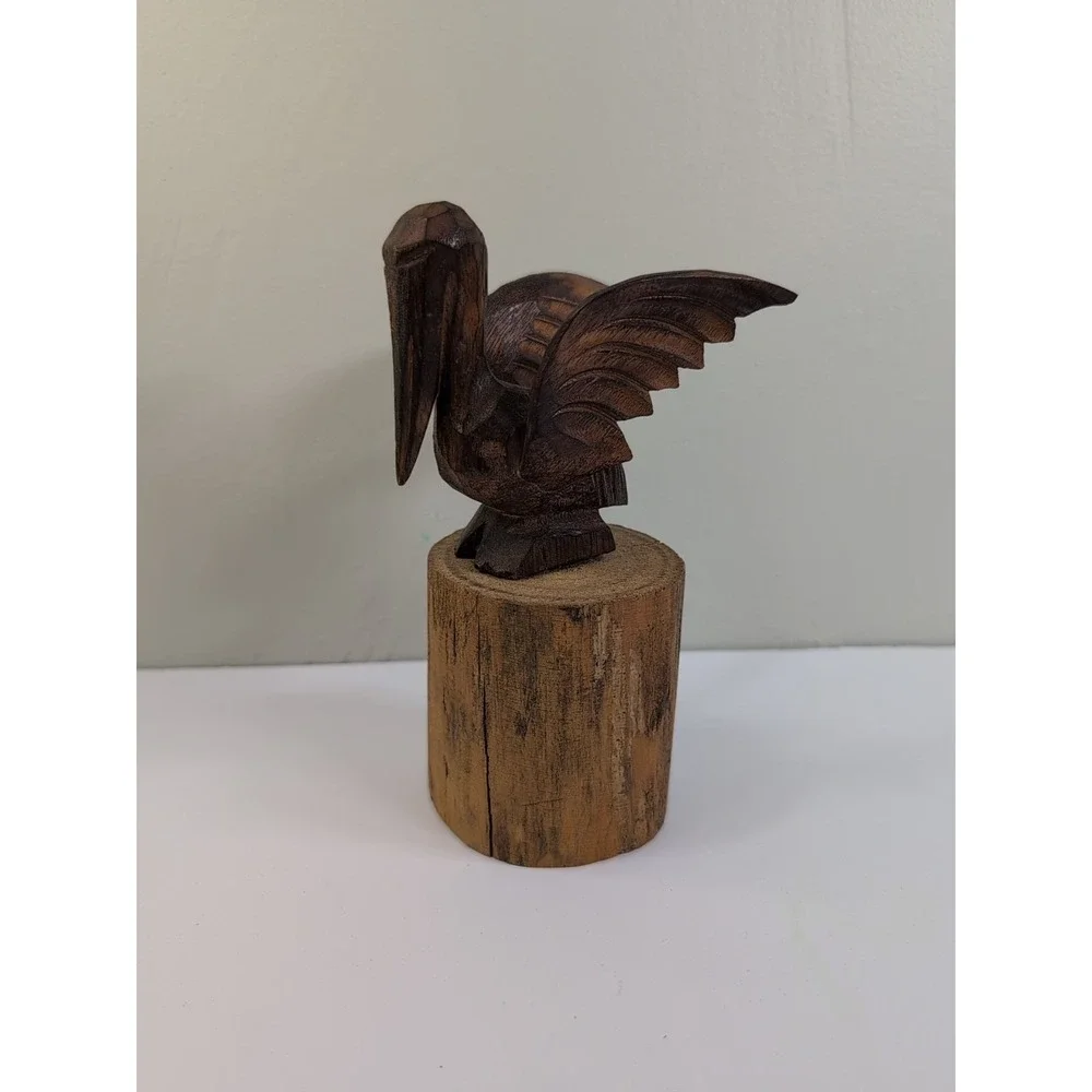 Vintage Carved Wood Pelican On Post‎ Figurine 7in